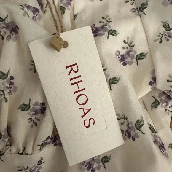 NWT RIHOAS Floral Tie Front Puff Sleeve Midi Dress Cream Purple Cottagecore - Picture 4 of 4